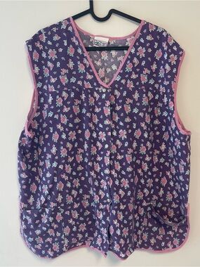 Vintage Floral Print Smock Apron Pearl Snap Pockets Made in USA Womens 3XL